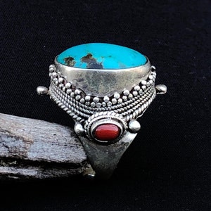 Turquoise And Coral Silver Ring