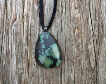 Turquoise Pendant On Black Leather Lace