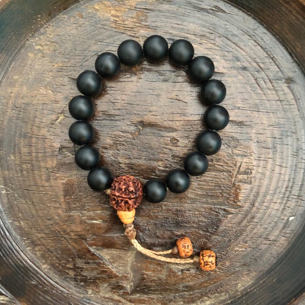 Black Onyx Rudraksha Beaded Wrist Mala