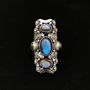 Pode incluir: Um anel prateado com um design alongado, apresentando uma grande pedra preciosa azul oval no centro, rodeada por pedras azuis e cinzentas menores. O anel tem detalhes intrincados florais e de rolagem.
