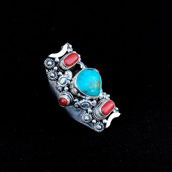 赤珊瑚とターコイズのシルバーサドルリング - Etsy 日本