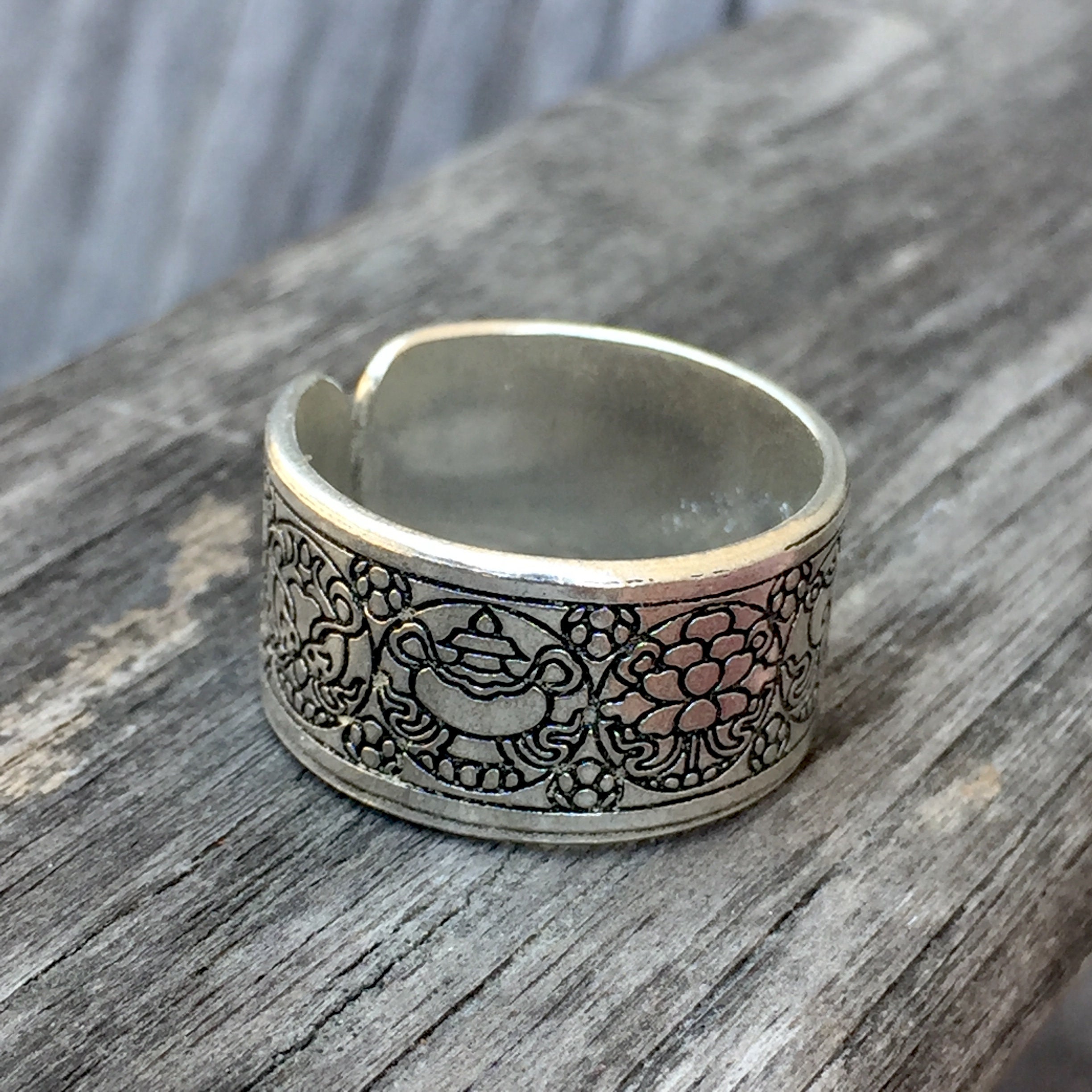 Ashtamangala Ring: Etched Silver Plated Adjustable Band - Etsy