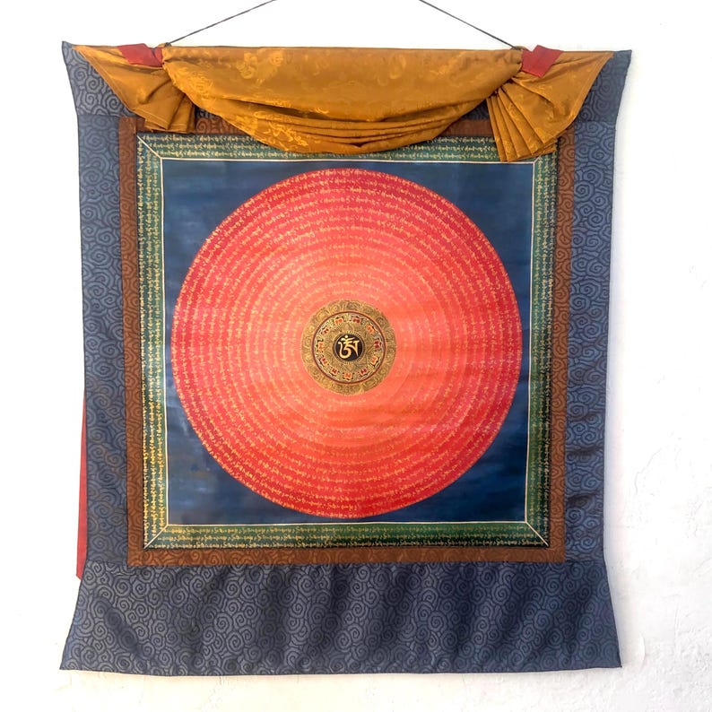 Om Mantra Thangka tibetano pintado a mano imagen 1