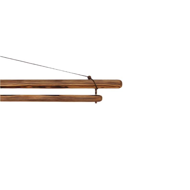 May include: Wooden poster hanger with a natural wood grain finish. The hanger consists of two horizontal wooden bars connected by a string for hanging. The wood has a warm, brown tone with darker grain patterns.