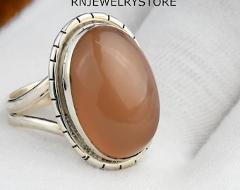Handgemaakte perzik-maansteenring: 925 sterlingzilveren designerring