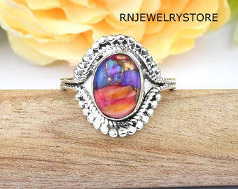 Bague rose huître turquoise : jonc bohème en argent sterling