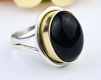 Natural Black Onyx Oval Ring, 925 Sterling Silver Boho Band, Two Tone Jewelry