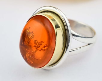 Natural Baltic Amber Ring, Sterling Silver Statement Jewelry, Oval Gemstone Ring