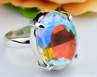 Handmade Oval Opalite Quartz Ring - 925 Sterling Silver Statement Ring