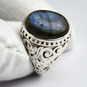 Natural Oval Labradorite Ring, 925 Sterling Silver Boho Statement Ring