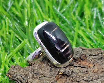 Hypersthene Ring: Sterling Silver Cushion Bar, Boho Jewelry
