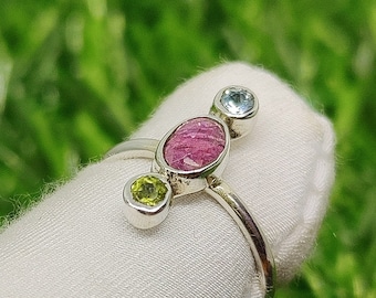 Tourmaline Gemstone & Zircon Ring, 925 Sterling Silver Ring, Thin Stackable Ring, Handmade Three Stone Ring, Promise Ring, Jewelry Gift Her