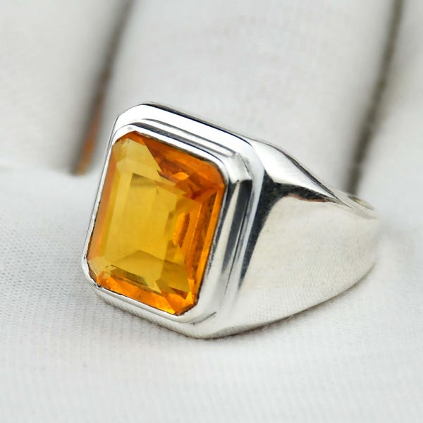 Bague citrine pour homme : pierre gemme facettée faite main, argent sterling 925