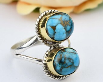 Handmade Copper Turquoise Ring, 925 Sterling Silver, Oval Gemstone Jewelry