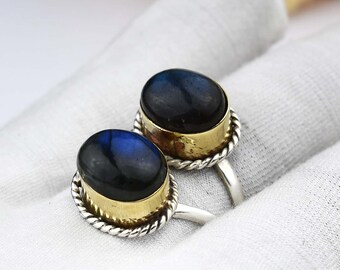 Blue Fire Labradorite Sterling Silver Ring, Two Stone Statement Jewelry