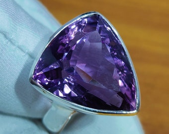 Amethyst Sterling Silver Ring: Trillion Cut Gemstone Statement Ring