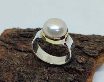 Freshwater Pearl Ring: Sterling Silver & Copper Two-Tone Band