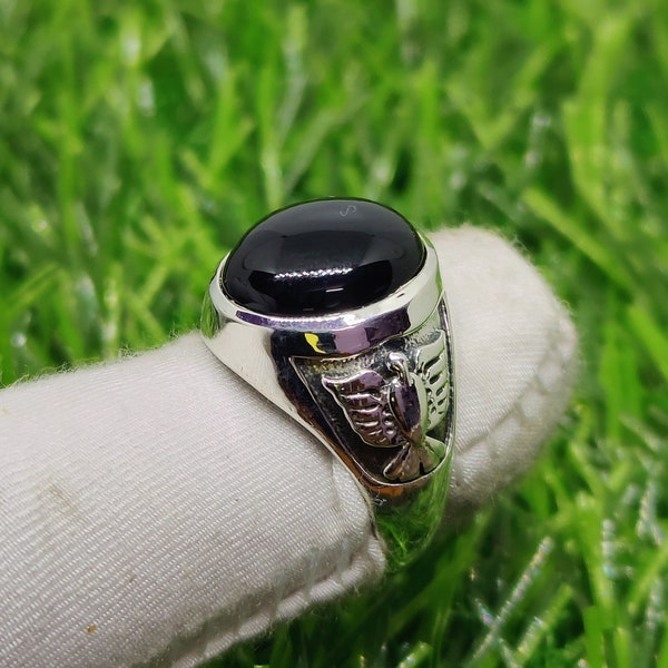 Men's Ring, Black Onyx Ring, 925 Sterling Silver Ring, Oval Cabochon Ring, Eagle Ring, Thunderbird Ring, Wedding Ring, Men's Gift Jewelry