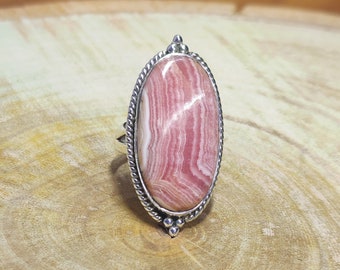 Handmade Rhodochrosite Sterling Silver Ring: Boho Hippie Jewelry