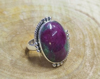 Ruby Zoisite Ring: Dainty Oval Sterling Silver, Handmade Boho Jewelry