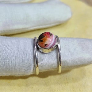 Kingman Pink Dahlia Turquoise Ring: Sterling Silver Boho Cabochon