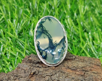 Filigree Moss Agate Ring: Dainty Oval 925 Sterling Silver