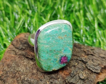 Ruby Fuchsite Sterling Silver Ring: Handmade Cabochon Gemstone