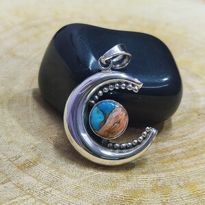 Copper Turquoise Moon Pendant: 925 Sterling Silver Boho Jewelry