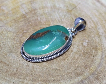 Dainty Chrysoprase Gemstone Pendant, 925 Sterling Silver Pendant Necklace, Oval Cabochon Pendant, Green & Brown Color Pendant, Gift For Her