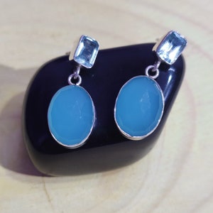 Blue Chalcedony, Aquamarine Earring, 925 Sterling Silver Earring, Dainty Earring, Handmade Earring, Boho Wedding Earring, Anniversary Gift
