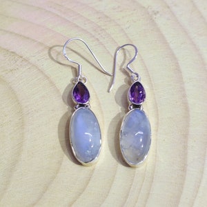 Moon stone & Amethyst Gemstone Earring, 925 Sterling Silver Earring, Rainbow Blue Flashy Earring, Wedding Jewelry, Anniversary Gift For Her