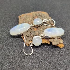 Natural Moonstone Earring 925 Sterling Silver, Two Stone Earring, Round & Oval Earring, Women Pretty Earring, Gemstone Jewelry, Gift For Her