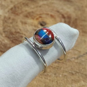 Bague turquoise cuivre huître, bague en argent sterling 925, bague cabochon rond, bague design cercle argenté, bague bohème, cadeau pour des occasions