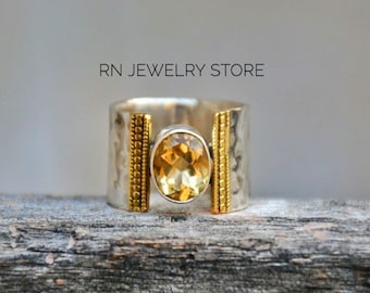 Natural Citrine Gemstone Ring: Handmade 925 Sterling Silver Hammered Band