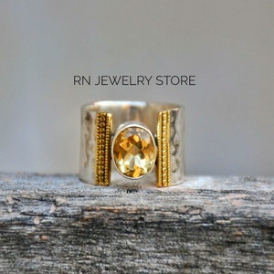 Natural Citrine Gemstone Ring: Handmade 925 Sterling Silver Hammered Band