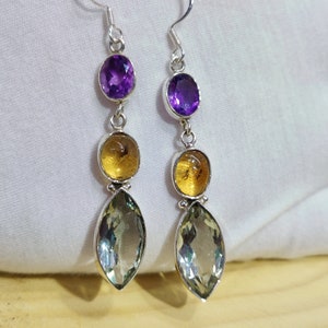 Natural Amethyst Earring, Multi Gemstone Earring, 925 Sterling Silver Earring, Long Drop Earring, Handmade Earring, Wedding Anniversary Gift