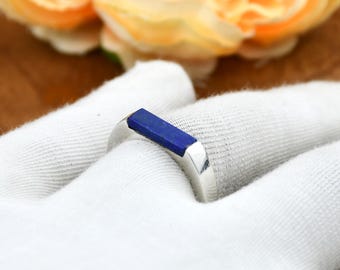 Handmade Rectangular Lapis Lazuli Sterling Silver Ring - Boho Style