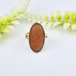 Oval Sunstone Ring: Carved 925 Sterling Silver Statement Ring