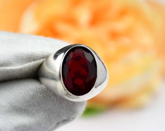 Handmade Garnet Mens Ring: 925 Sterling Silver January Birthstone