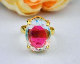 Oval Opalite Ring, 18k Gold Plated 925 Sterling Silver, Handmade