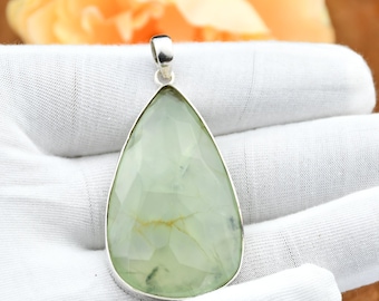 Boho Prehnite Pear Pendant: 925 Sterling Silver Healing Jewelry