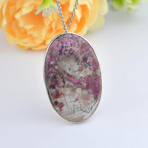 Oval Cobalt Calcite Pendant Necklace: 925 Sterling Silver, Raw Pink Stone