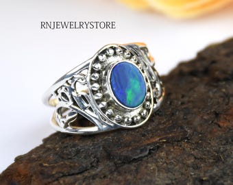 Anillo de ópalo azul: joyería bohemia de plata de ley 925 hecha a mano