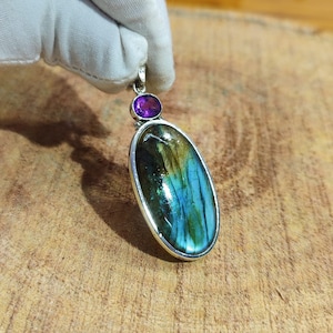 Natural Labradorite Amethyst Pendant, 925 Sterling Silver Pendant, Two Stone Dainty Pendant, Statement Pendant, Women Necklace, Gift For Her