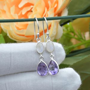Moonstone Amethyst Drop Earrings: 925 Sterling Silver Dangle