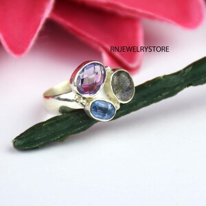 Amethyst Labradorite Blue Topaz Ring: 925 Sterling Silver Boho Jewelry