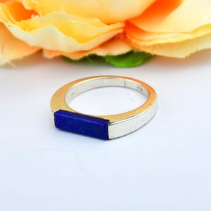 Op de afbeelding: Een zilveren ring met een rechthoekige, diepblauwe steen in het midden. De ring heeft een eenvoudig, modern ontwerp, waarbij de steen een opvallend contrast vormt met de zilveren band. De ring wordt getoond tegen een zachte, vage bloemenachtergrond.