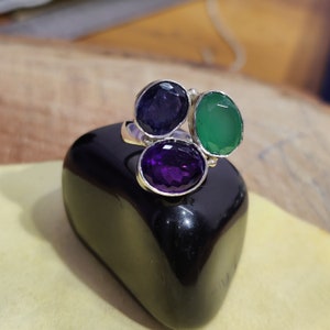 Amethyst, Onyx & Kyanite Ring: Sterling Silver Three Stone Jewelry