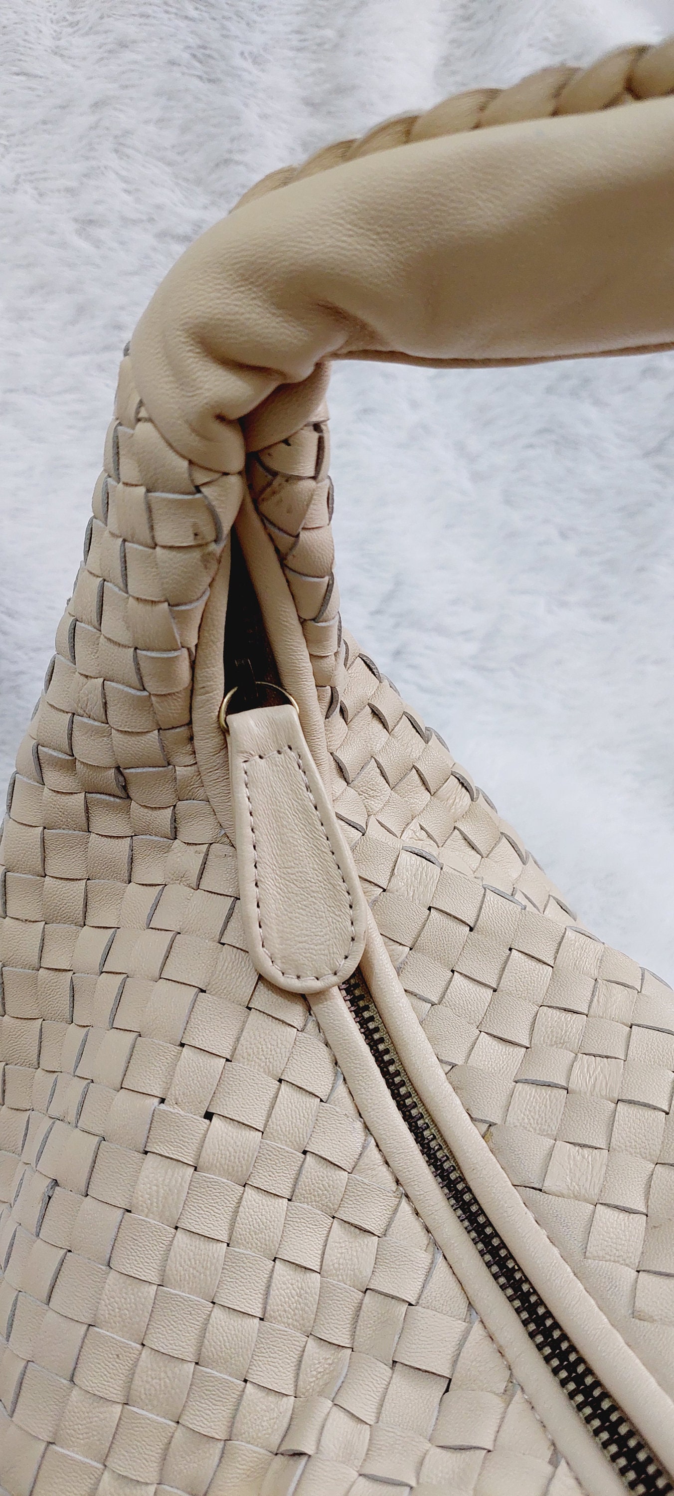 BANANA REPUBLIC Ivory-Cream Woven Cotton Textile & Leather Hobo Handbag