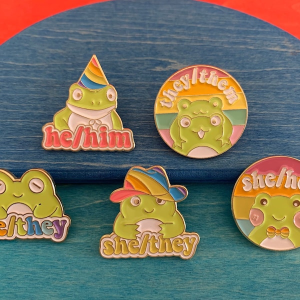 All time favourite froggy pronoun pins, proudly supporting our LGBTIQA+ community